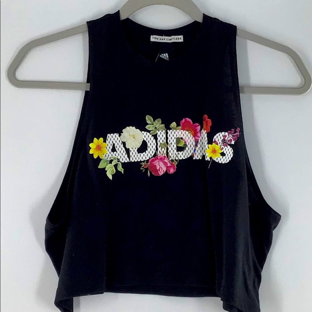 Adidas Black Floral Crop Muscle Tank Small Medium